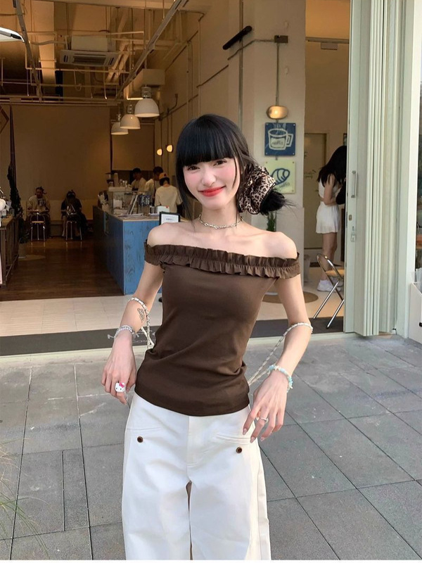 スイートスタイルイヤリングワンショルダーオレンジ半袖Tシャツレディース夏シックなスリムフィットホットガールショートトップ|undefined