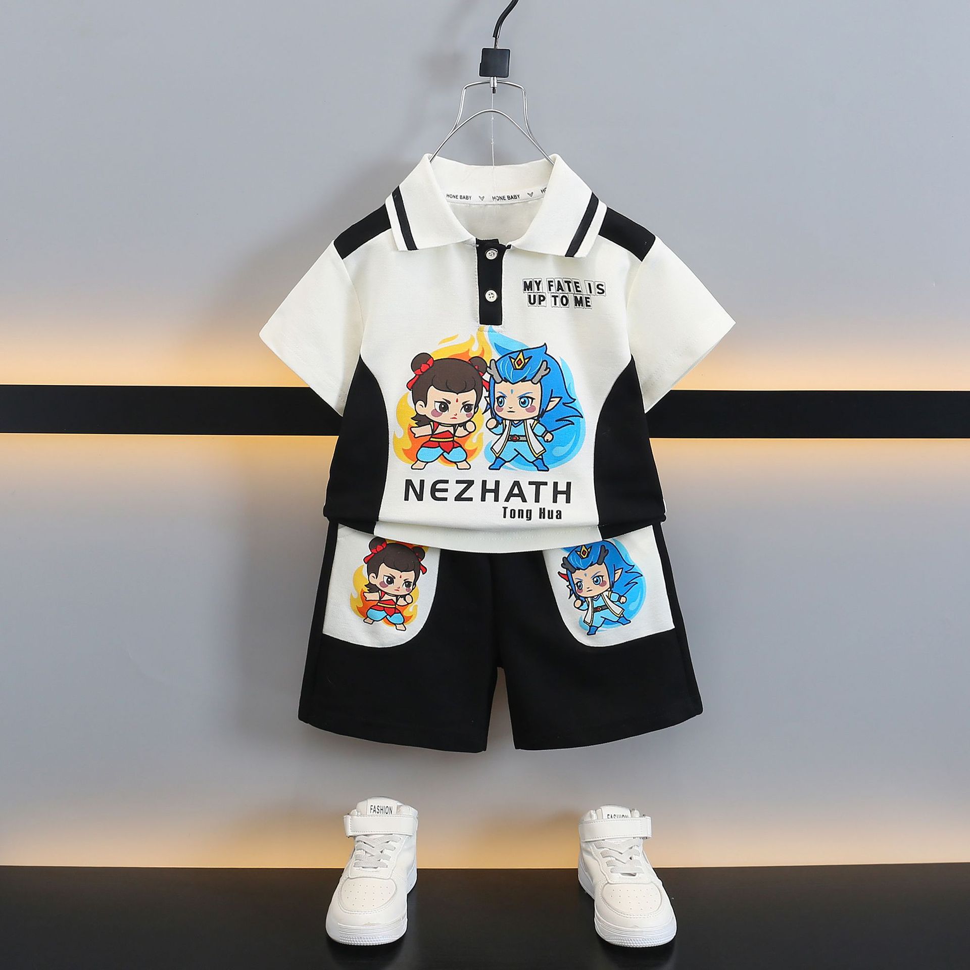 7929 traje de niño para niños guapo Nezha verano traje de dos piezas niño de un año bebé pantalones cortos de manga corta para niños pequeños y medianos