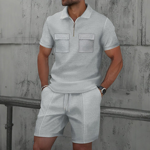 European and American Men's Short-Sleeved Shorts Casual Suit Summer Waffle Pure Color Casual Loose Lapel T-Shirt Suit for Men
