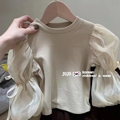 Korean Children's Spring Outfit Cute Round Neck Shirt 2023 Baby Trendy Bubblesleeve Top Kids T-Shirt