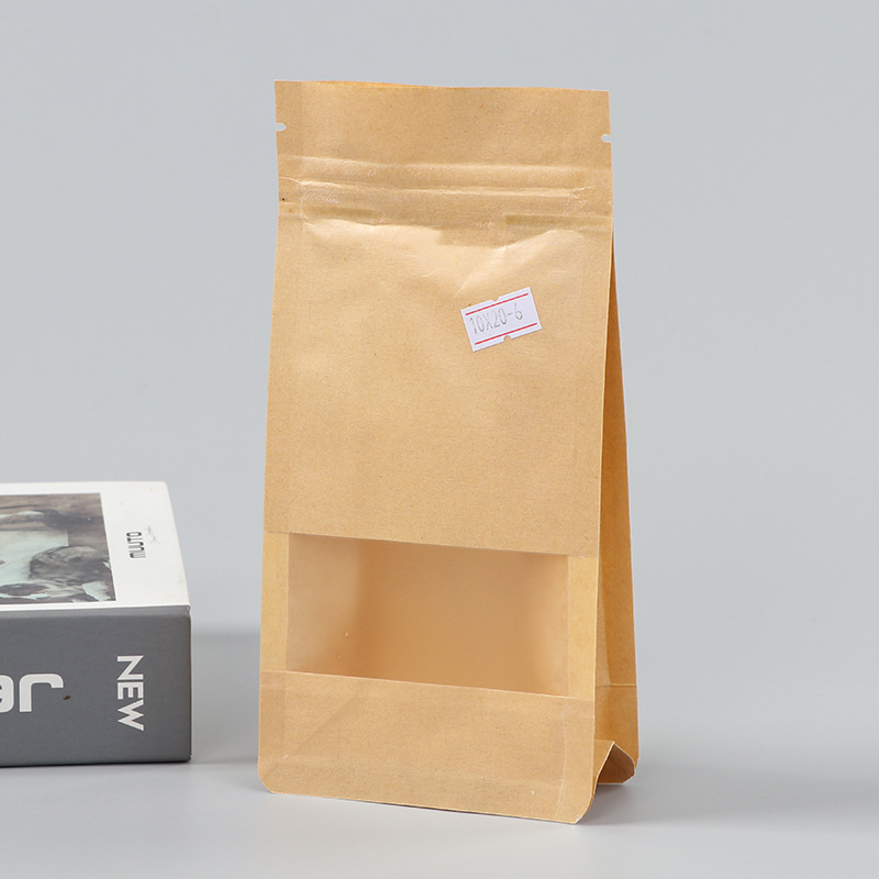 Spot bolsa de papel kraft con ventana transparente bolsa de embalaje de alimentos autosellada autoportante bolsa de té sellada de ocho lados fácil de rasgar