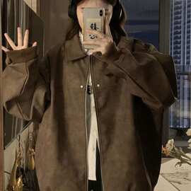 原版面料美式复古棕色翻领外套女春秋款仿麂皮绒PU高级夹克上衣