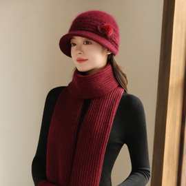 高品质粗边圆顶兔毛帽子女中老年冬天保暖针织帽妈妈帽子围巾套件