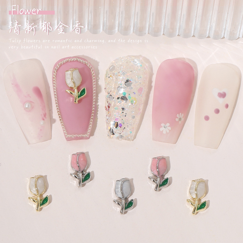 Arte de uñas popular tulipán joyería metal textura luz estilo de lujo aceite goteo Rosa Internet celebridad uñas diamante flor Accesorios