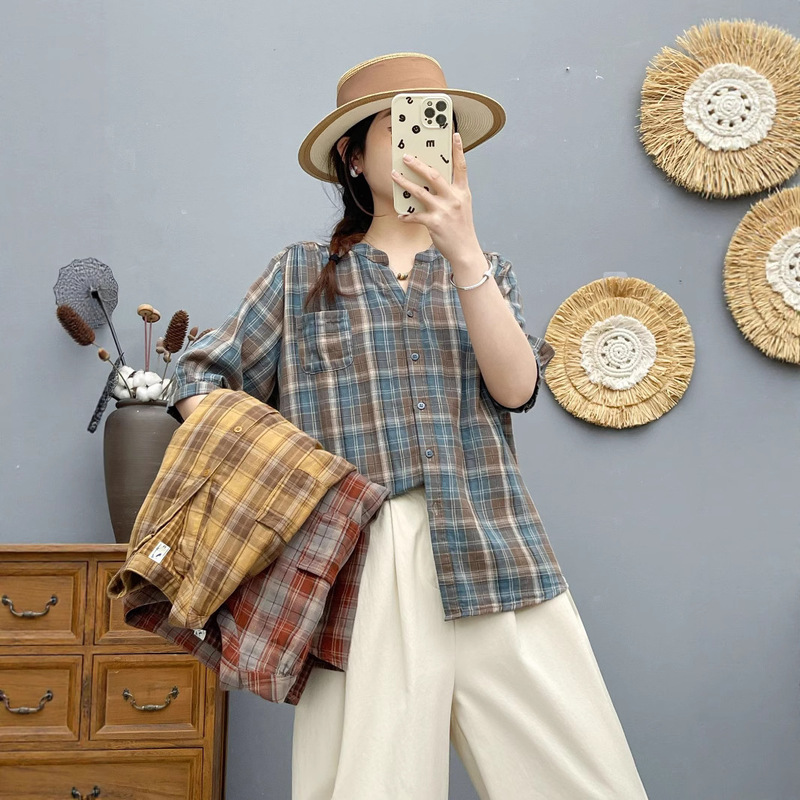 Soft Clouds Double-layer Cotton Yarn Plaid Shirt Women's Mid-sleeve Foreign Trade Export Single Skin-friendly V-neck Shirt for Summer Soft Clouds Double-layer Cotton Yarn Plaid Shirt Women's Mid-sleeve Foreign Trade Export Single Skin-friendly V-neck Shirt for Summer