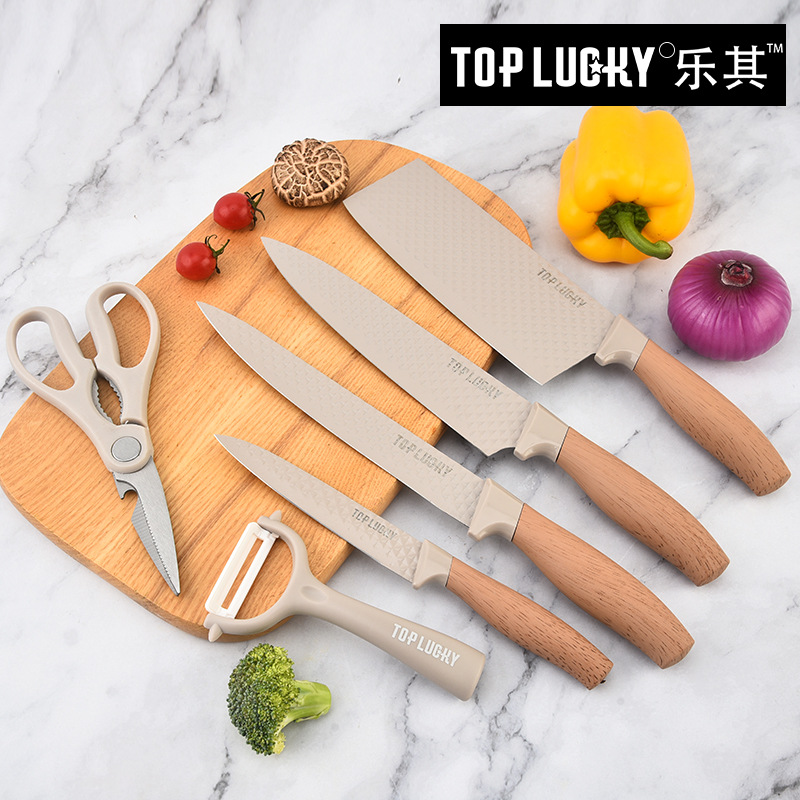 6 piezas de acero inoxidable cuchillo de cocina afilado tijeras de madera aprobar cuchillo de cocina conjunto de herramientas de regalo