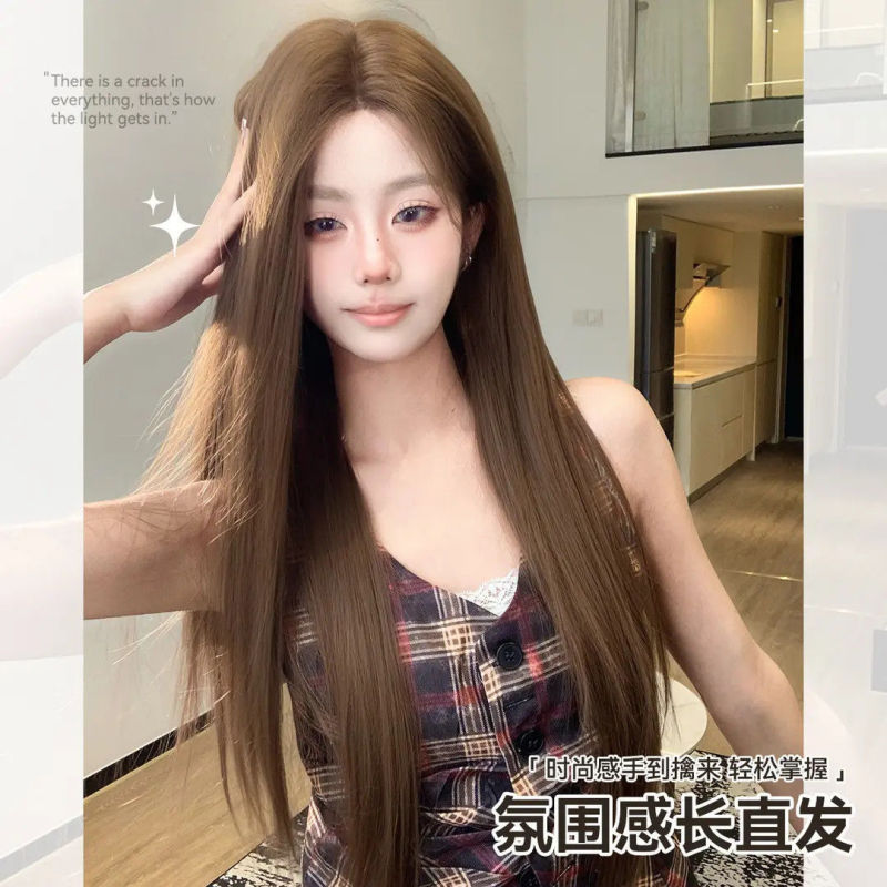 [Little Bear Puppet 2.0 Version] Wig for Women, Korean Style, Medium Parted Long Straight Hair, Caramel Warm Brown Full Wig