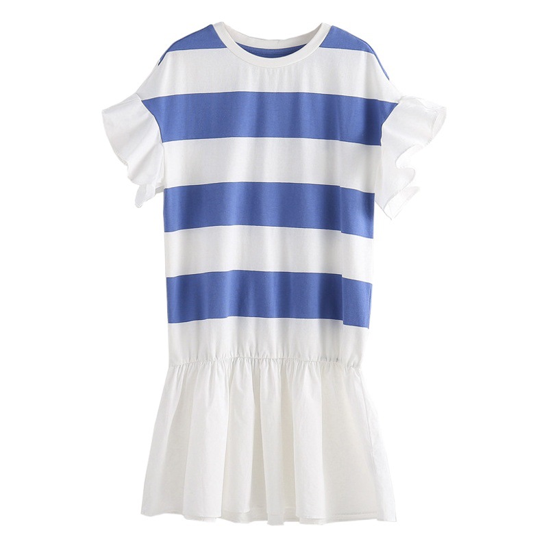 Vestido de las niñas de verano nuevo algodón puro de manga corta a rayas simple elegante vestido casual para niños vestido de princesa con volantes