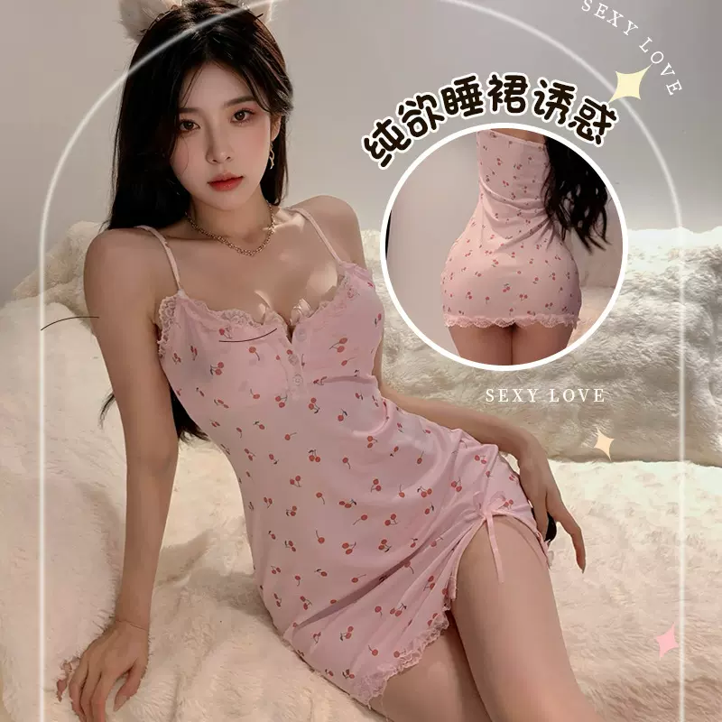 2025露背性感镂空深v蕾丝睡裙女辣妹心机碎花吊带短裙美背性感