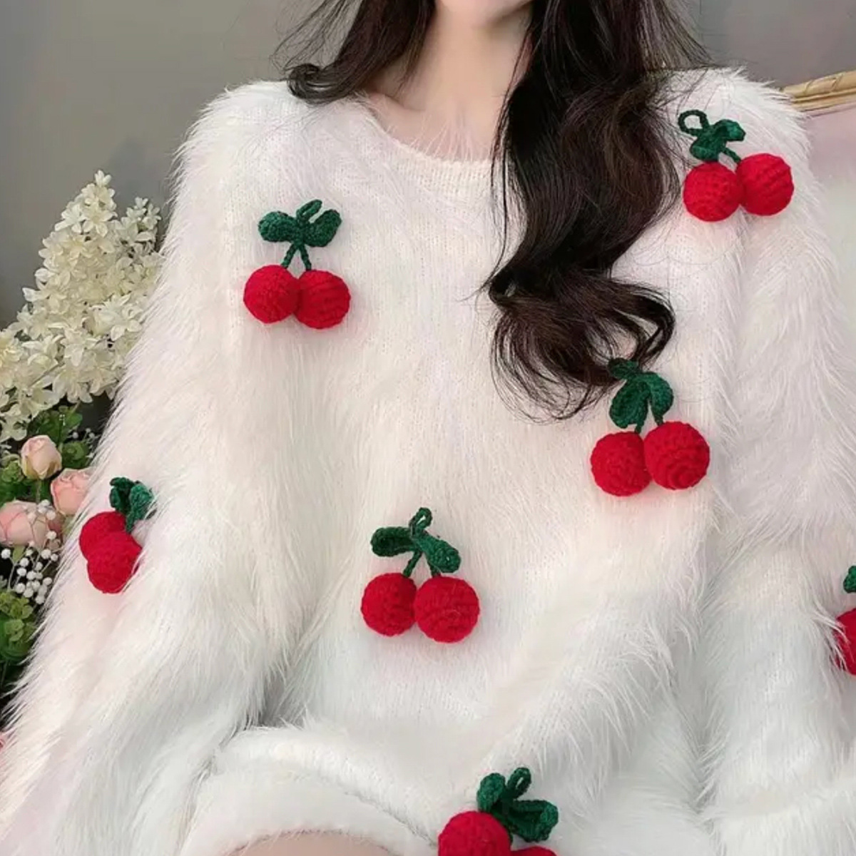 스웨터 커스텀 달콤한 3 차원 체리 두꺼운 느슨한 스웨터 여성의 2023 새로운 게으른 스타일 신선한 스타일 스웨터