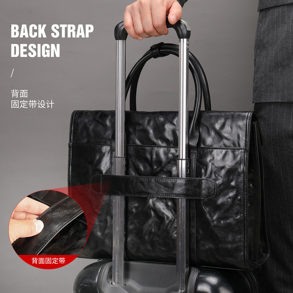Túi xách tay nam da bò lớp đầu phong cách công sở dung tích lớn, cặp tài liệu đựng laptop 14 inch — màu đen, Hoa cầm tay màu đen