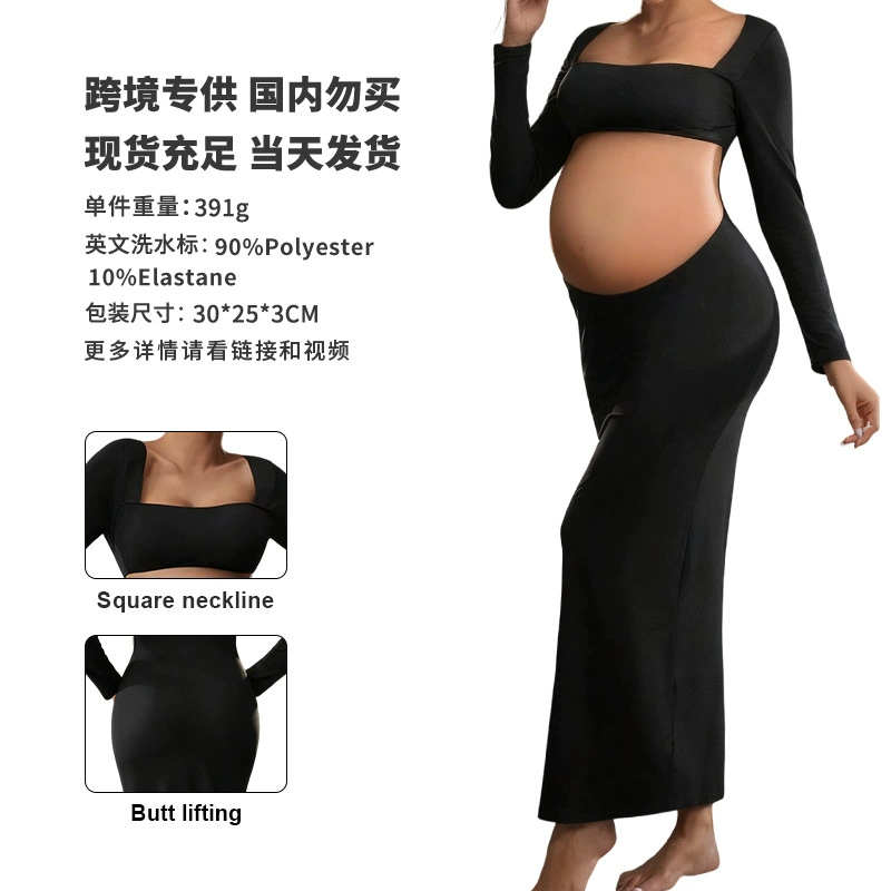 Европейские и американские трансграничные 2025 новые беременные женщины облегающих фото фотографии сексуальный пупок модное платье с длинными рукавами