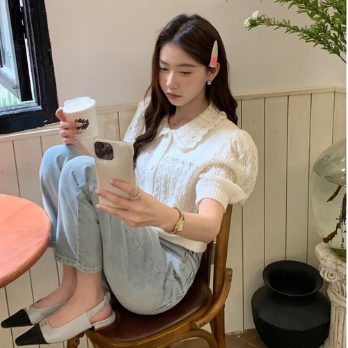 Spring and Summer Women's Short Sleeve Knit Top with Baby Collar, Small Figure Outfit, Bubble Sleeve White T-Shirt for Women