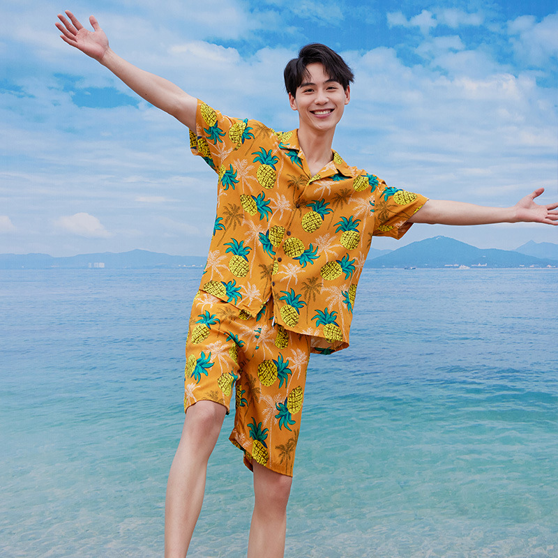 Short Sleeve Flower Shirt suit Men's Summer Sanya Seaside Vacation Shirt Hawaii Beach Shorts One suit