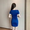 V-neck low cut embroidered badge Ruffle buttock skirt underdress Short Sleeve Dress