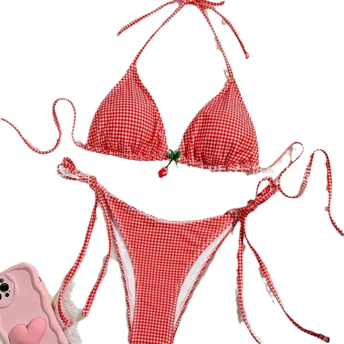 Сексуальный купальник Wish Brand на двоих с бантами - красно-сине-гладкий двухслойный набор из топа и низу, двухчастный купальник