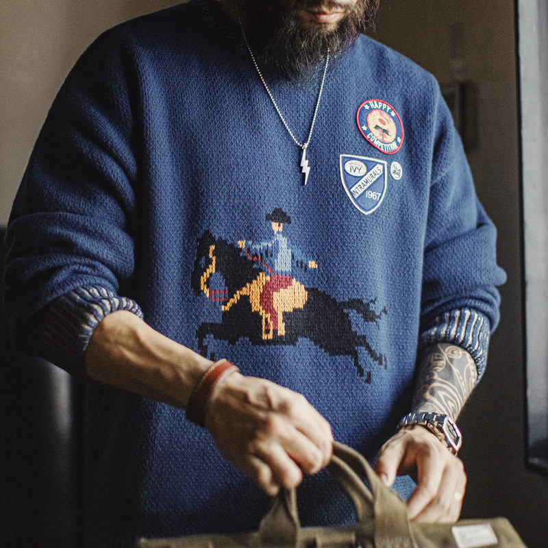 Madden Workwear American Retro Embroidered Contrast Color Sweater, Warm Contrast Color Outerwear with Ribbed Collar, Men's Autumn/Winter Knitwear Madden Workwear American Retro Embroidered Contrast Color Sweater, Warm Contrast Color Outerwear with Ribbed Collar, Men's Autumn/Winter Knitwear