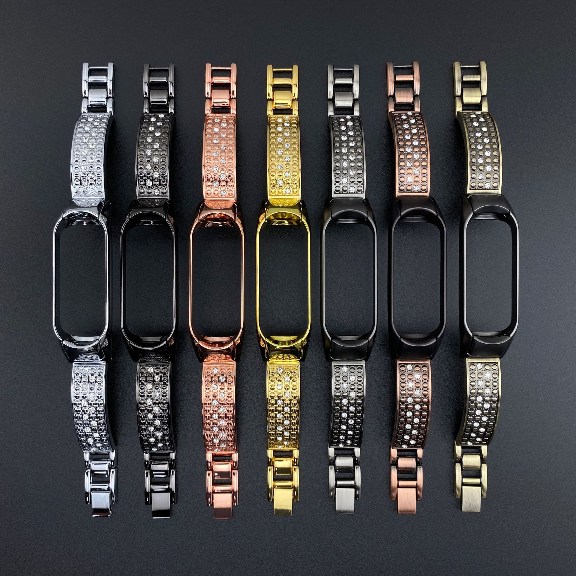 miband4适用小米手环4金属表带 4303双弹簧扣金属壳 弯月镶钻腕带