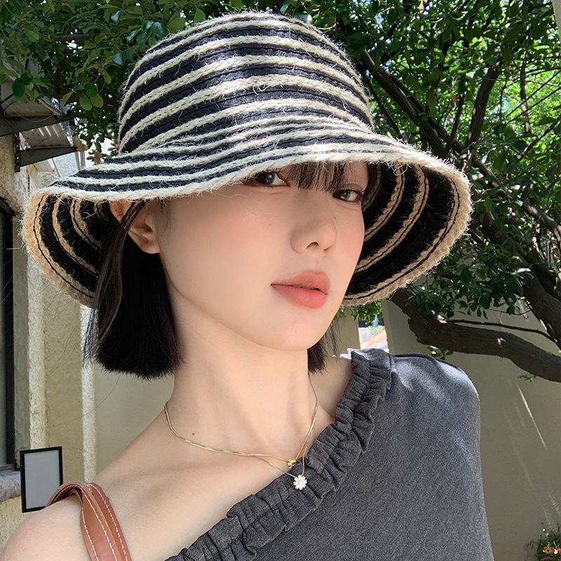 韩系复古条纹渔夫帽女夏季透气显脸小遮阳防晒出游海边沙滩草帽子|undefined