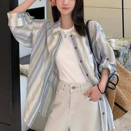 慵懒风条纹长袖衬衫女春秋新款休闲宽松外搭防晒上衣衬衣开衫外套
