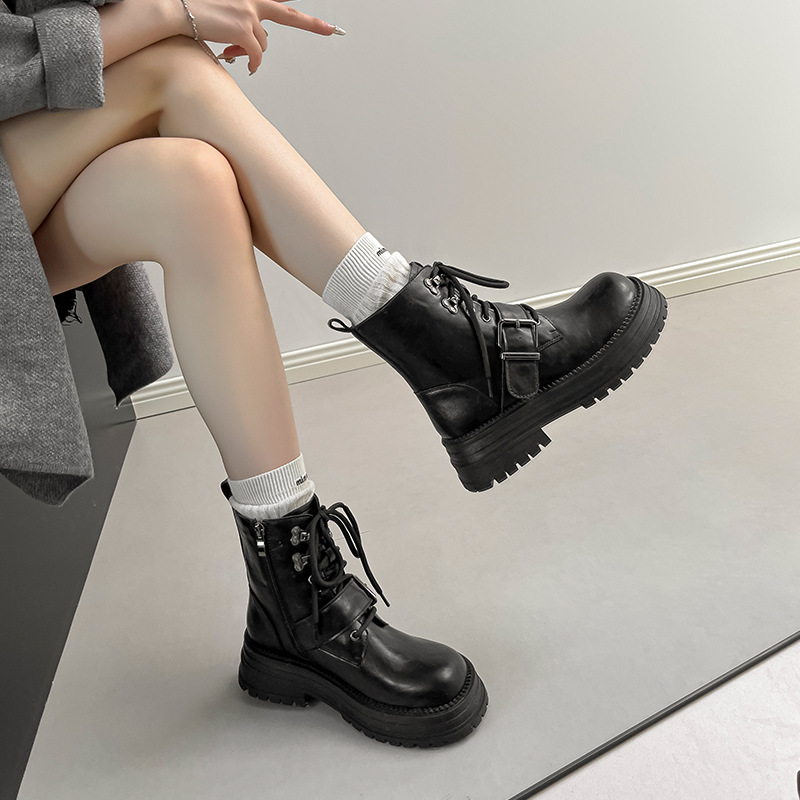 Cowhide Version~ British Style Martin Boots, New Autumn and Winter Model, Color-Polished Thick-Soled Lace-Up Work Boots with Belt Buckle, Short Boots for Women, Motorcycle Style