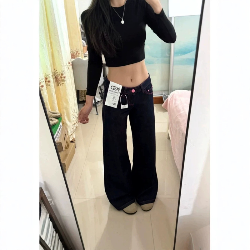 American-style regular fit vintage pink stitched floor-length jeans for petite women, new low-waist straight wide-leg floor-length pants American-style regular fit vintage pink stitched floor-length jeans for petite women, new low-waist straight wide-leg floor-length pants