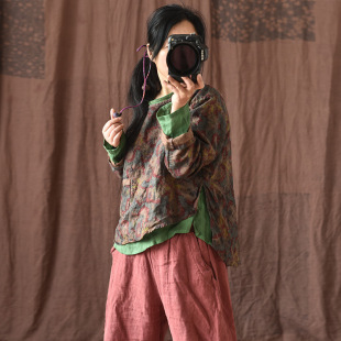 Clothing Road/homemade linen printed round neck coat short front and long back irregular hem spring and autumn shirt