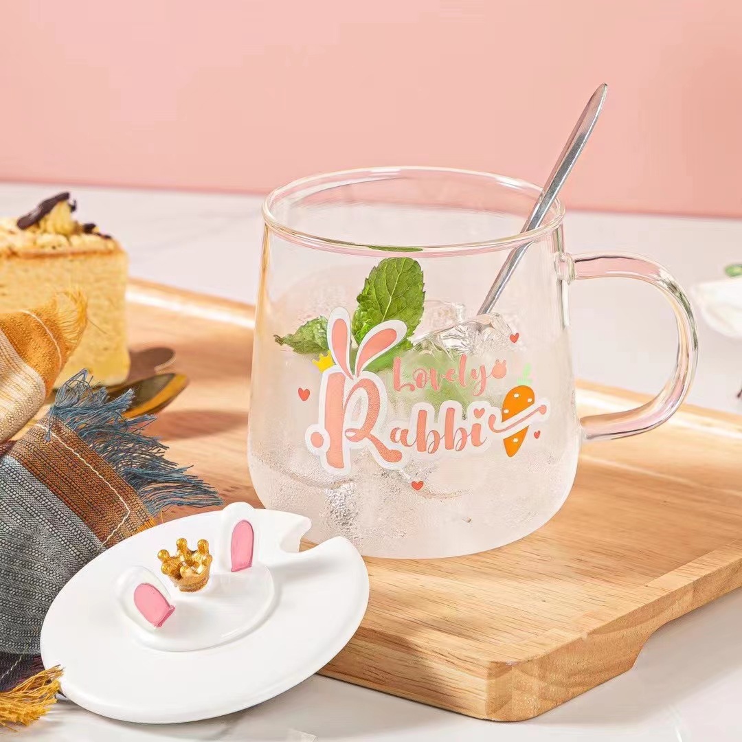 Creativo lindo corona conejo de dibujos animados taza de cristal con tapa cuchara regalo personalizado taza de agua chica corazón estudiante taza