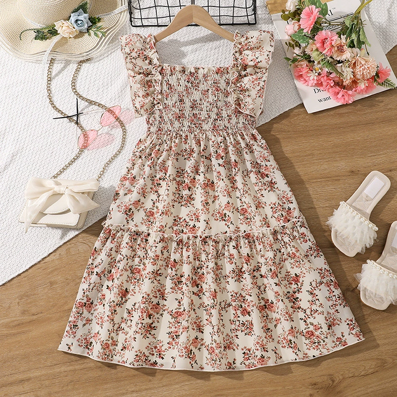 Платье для девочек Трансграничные Детская одежда Лето 2025 Амазонка Новая французская цветочная подтяжка платье принцессы