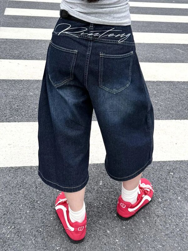 Dark Jeans Women's Summer Retro Letter Embroidered Cropped Pants Daily Commuting Casual Style Wide-Leg Straight Pants Dark Jeans Women's Summer Retro Letter Embroidered Cropped Pants Daily Commuting Casual Style Wide-Leg Straight Pants