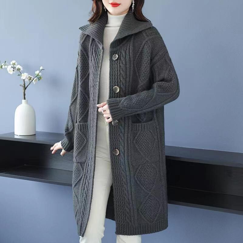 2025 Cross-Border Autumn and Winter Rhombus New Loose Outwear Long Fashionable Elegant Thick Wool Twist Knitted Cardigan for Women