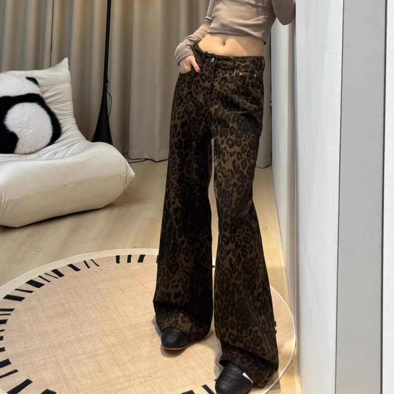 Leopard Print Wide-Leg Loose Jeans for Women, Summer and Spring Straight High-Waisted Denim Pants, Slimming Pants for Women