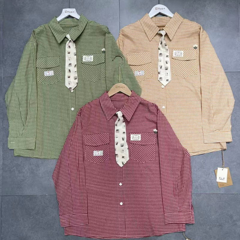 New American retro simple plaid tie long-sleeve shirt for men and women, loose casual couple's versatile autumn shirt