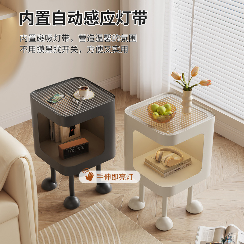 可爱奶油风床头柜带灯家用卧室床头边柜置物架子小茶几简约边几