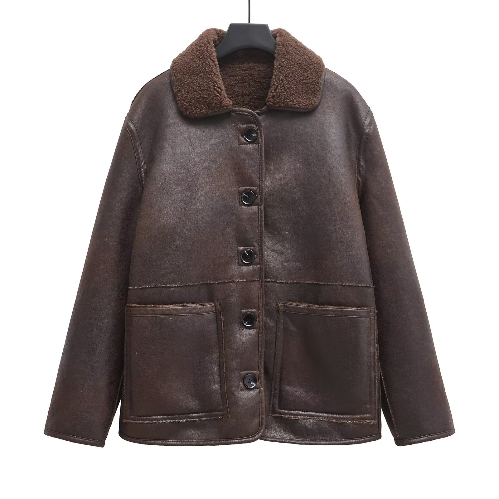 Cross-Border European and American Style 2025 New Fashionable Women's Clothing Wholesale Reversible Lapel Pocket Loose Cotton Jacket