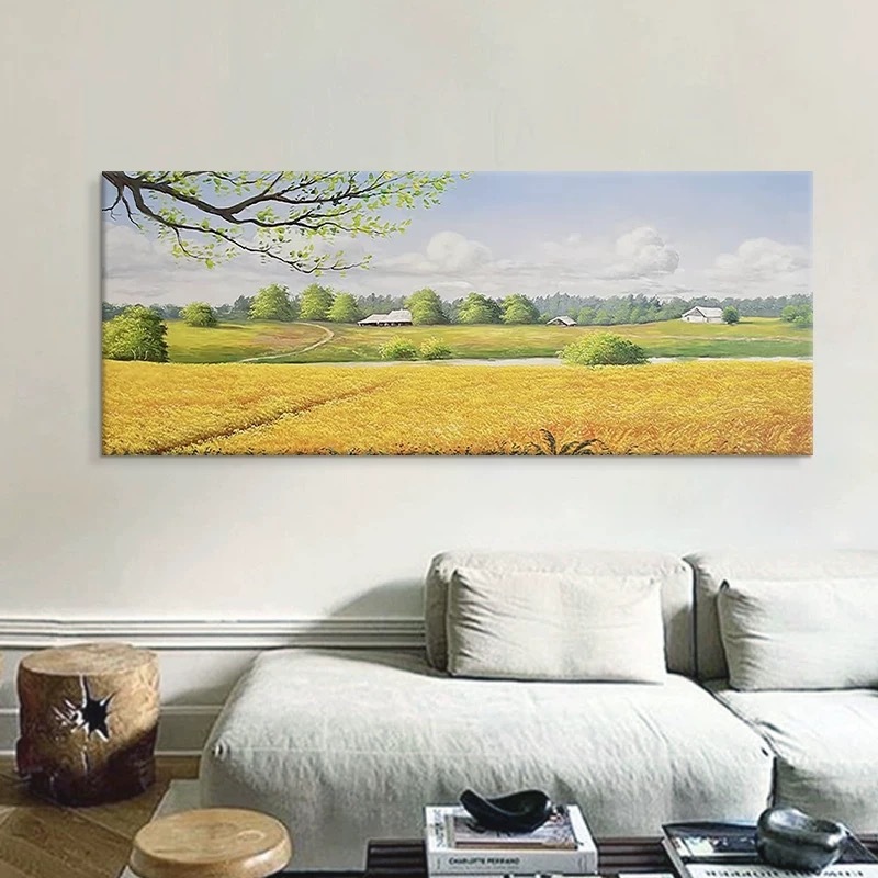 収穫小麦畑純粋な手描き大芬村油絵リビングルーム風景装飾絵画ソファ背景壁画|undefined