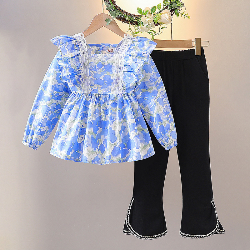 블루 플로럴 탑 긴소매