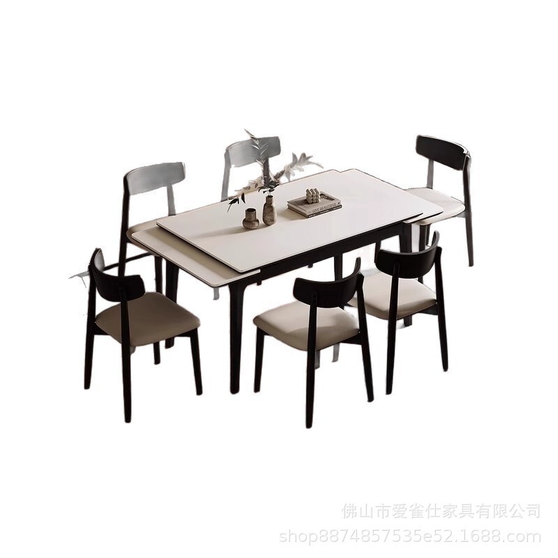 现代简约伸缩折叠款岩板餐桌长方形小户型实木组合饭桌伸缩餐桌|undefined
