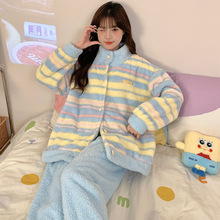 2024新款保暖加厚简约半边绒睡衣女秋冬季多巴胺冬天家居服两件套
