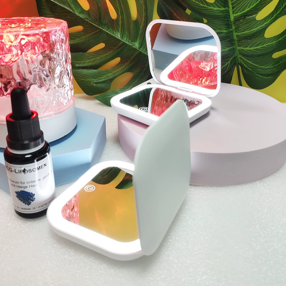 Портативное LED зеркало для макияжа, 2× увеличение, ультратонкое, перезаряжаемое 90×90 мм, 33 LED