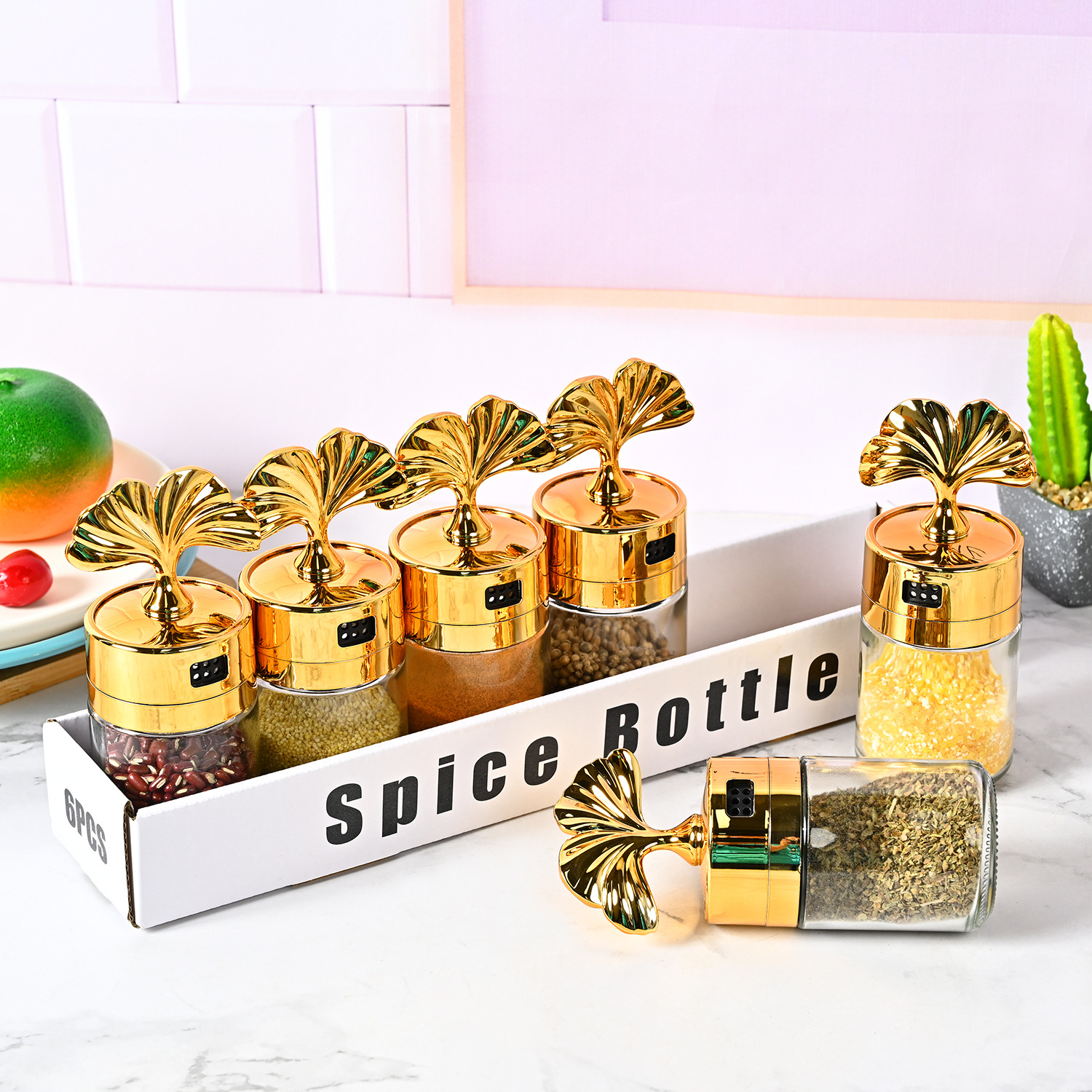 Nueva cocina sellada ginkgo hoja condimento botella hogar frasco de sal vidrio condimento botella condimento caja MSG condimento botella