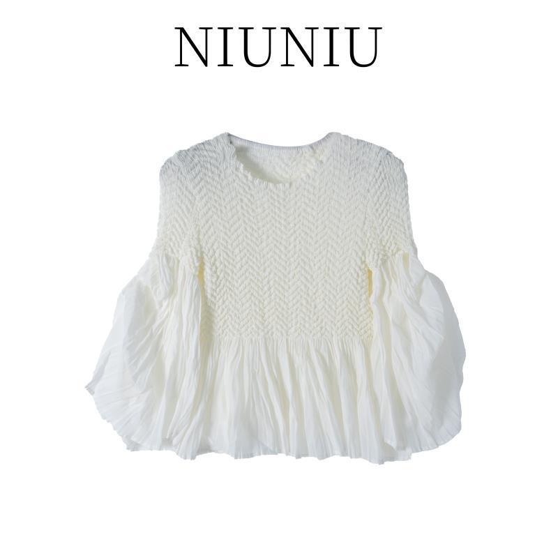 Spring and Summer New Style Solid Color Pleated Long-Sleeved Top for Women, Elegant Ruffled Elastic Loose and Comfortable Top S618