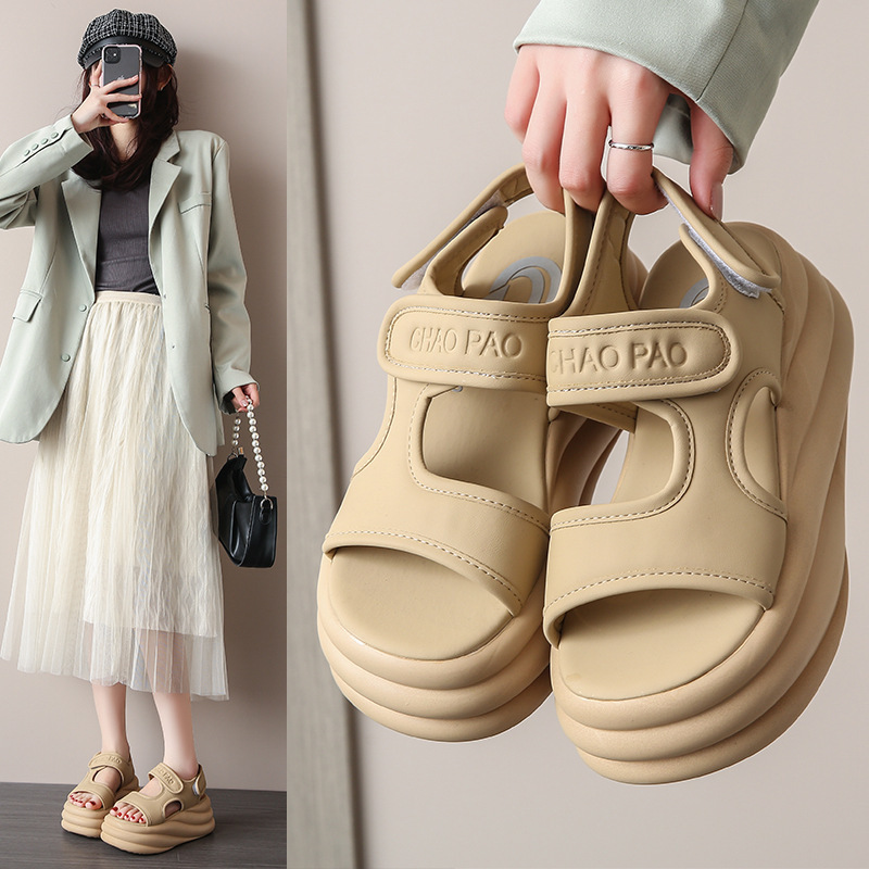 Thick-Soled Roman Sandals for Women 2024 Summer New Style Petite Platform Soft-Soled Lightweight Sports Beach Shoes with Velcro Straps