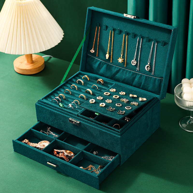 Caja de almacenamiento de joyas de ante de gran capacidad Pendientes de mujer Caja de joyería multifuncional Collar Anillo Caja de joyería de regalo