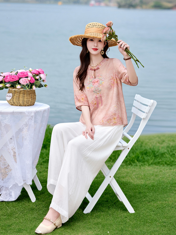 Bộ quần áo nữ hai mảnh sơ mi thêu họa tiết quốc phong kết hợp quần ống đứng MM6617 — xanh lam, Màu hồng