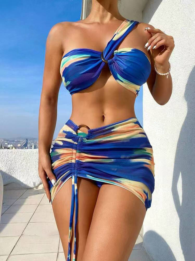 140g Weight Sleeveless Sleeve Length Polyester Fabric Type 3 Pieces Set Quantity Swimming Occasion One Shoulder Neckline Skinny Fit Type Colorful Pattern Women's Gender Sexy Style Women's Sexy Colorful 3 Pieces Set Bikinis Swimwear 无