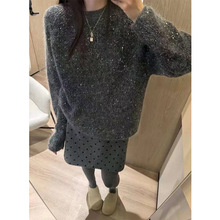 韩国满天星星空亮片灰色圆领套头浣熊绒毛衣女冬季洋气百搭针织衫