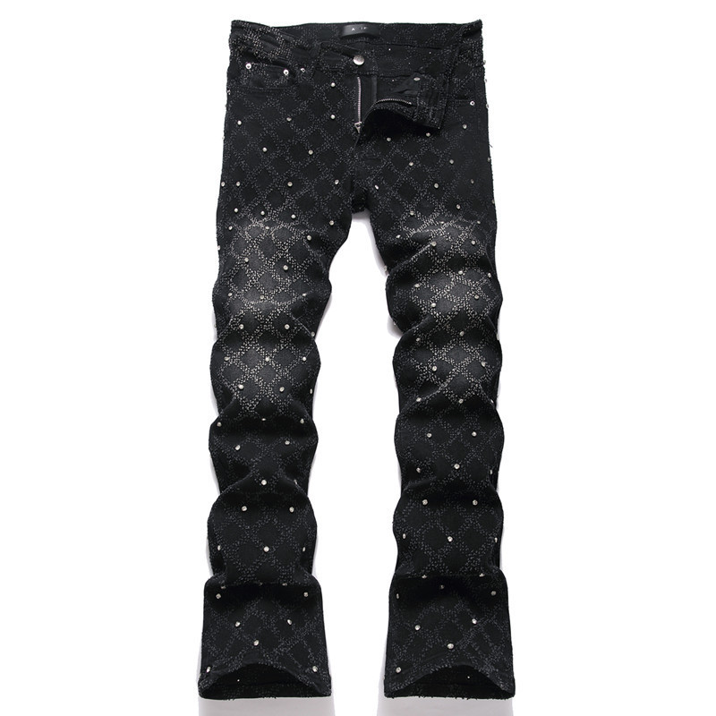 In-Stock Cross-Border [Cross-Border] Spring New European and American Street Designer Fashion Brand Men's Jeans with Rhinestones in Black
