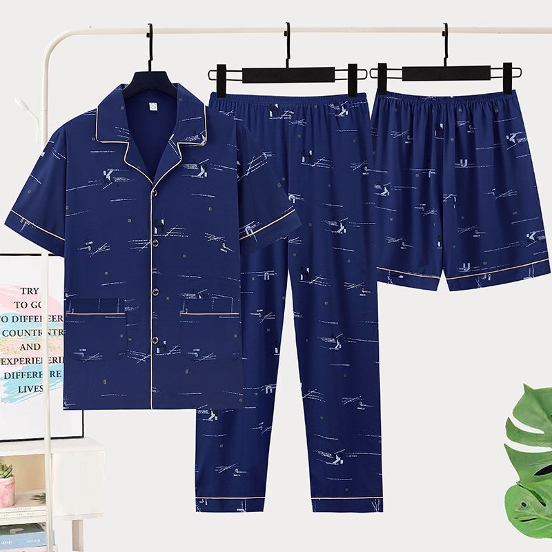 Pajamas de tres piezas de algodón para hombres, pantalones de manga corta de verano, ropa de casa, pantalones cortos delgados, ropa exterior suelta y tamaño grande.