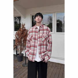 美式复古小众设计格子撞色长袖衬衫男女2025潮牌宽松休闲百搭上衣